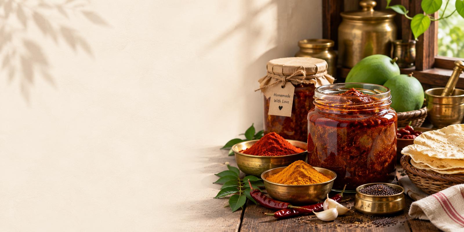 A freshly opened jar of avakaya pickle, chilli and turmeric powders, and garlic on a sunlit kitchen counter
