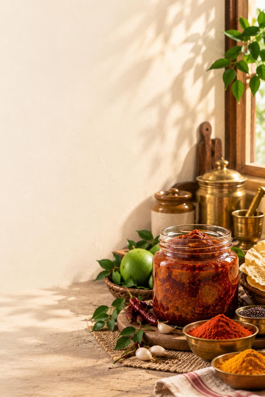A freshly opened jar of avakaya pickle, chilli and turmeric powders, and garlic on a sunlit kitchen counter
